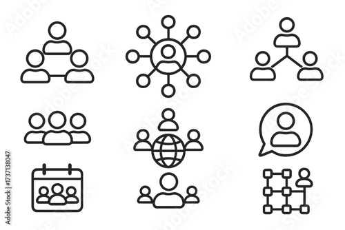 Networking and business communication icon set. Vector line art symbols for connection, community, social media, teamwork, global network, professional contacts, HR, and user groups.