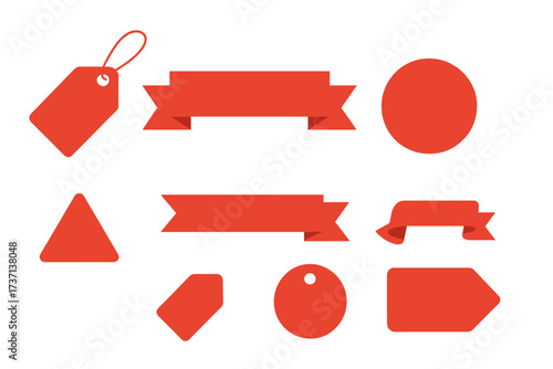 Red label collection set. Sale tags and discount ribbons. Special offer banners and shopping price icons. Promotion badges and stickers for retail. Vector illustration isolated.