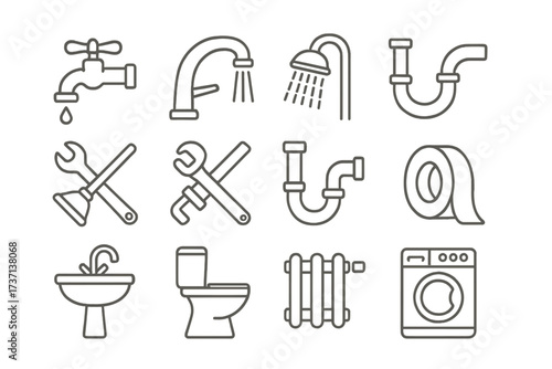 Plumbing and Faucet Icon Set, Bathroom Fixtures Thin Line Vector Pack, Editable Stroke Design for Web, Apps, Cards, Books, Water Tap, Shower, Pipes, Tools