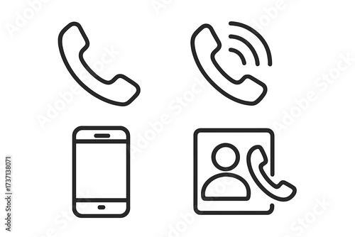 Phone web icons in thin line style. Call, telephone, mobile, contact and communication icon set. Collection includes smartphone, ringing receiver and caller id for modern app.