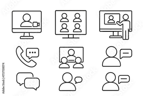 Video conference line icons set with webinar, online event, webcast, speaker, call, chat, meeting symbols, digital communication, virtual collaboration, remote work vector illustration