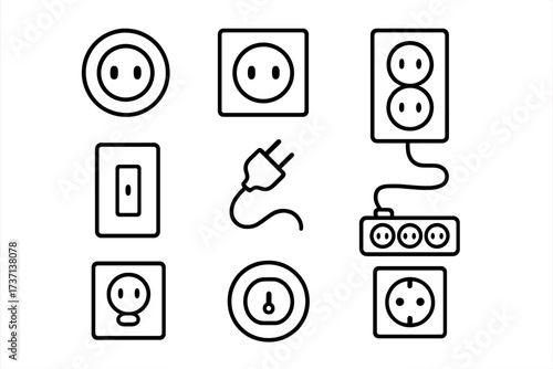 Electric outlet & plug line icon set. Power socket, wall switch, extension cord vector symbols. Minimalist electricity & energy pictogram collection. Editable stroke design for web.