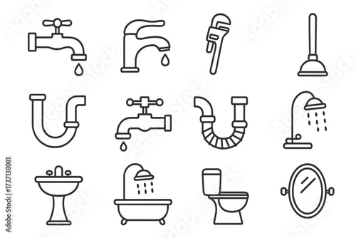 Plumbing and bathroom thin line icon set, editable stroke vector illustrations of faucets, pipes, shower, toilet, sink, wrench and plunger, perfect for web, apps, cards, books design