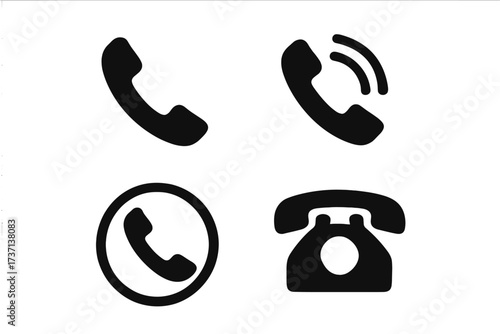 Phone icon set. Vector telephone symbols for contact us. Communication glyph collection. Handset, ringing call, support, and retro phone silhouette illustration.