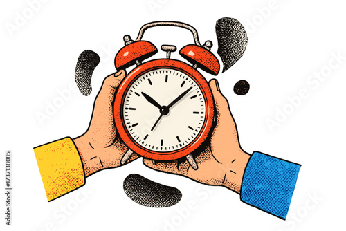 Vintage red alarm clock held by two hands, halftone collage style, symbolizing time management, deadlines, business planning, organization, productivity concept