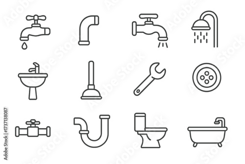 Plumbing and Bathroom Thin Icon Set, Editable Stroke Vector Illustrations, Faucet, Shower, Sink, Toilet, Wrench, Plunger, Pipes, Water Drain, Ideal for Websites, Apps, Books, Cards Design