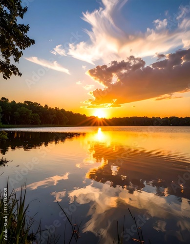 Sunset over a calm lake