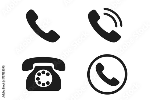 Phone icon set. Black flat silhouette. Vector telephone symbols. Contact us button, call sign for web. Communication pictogram pack. Old retro rotary phone and handset.