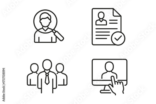 Recruitment line icon set with magnifying glass, approved resume, business team group, and online profile selection, vector cartoon illustration with transparent background