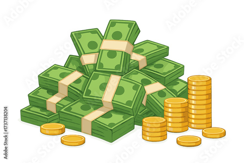 Vector illustration of a big pile of money and gold coins. Heap of cash for business and finance concepts. Symbol of wealth, success, profit, income, savings, or a lottery jackpot.