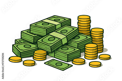 Big pile of money, heap of cash cartoon vector. Green dollar banknotes and gold coins stacks. Finance, savings, wealth, profit, investment, banking, and jackpot concept.