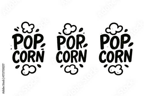 Set of 3 hand-drawn popcorn text labels in bold sloppy tight styles, black and white vector illustration, typography design collection, vintage snack logos, fun lettering