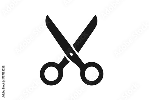 Black scissors icon vector illustration, simple cutlery tool symbol with transparent background, minimal design for digital and print use, sharp cutting blades and circular handles