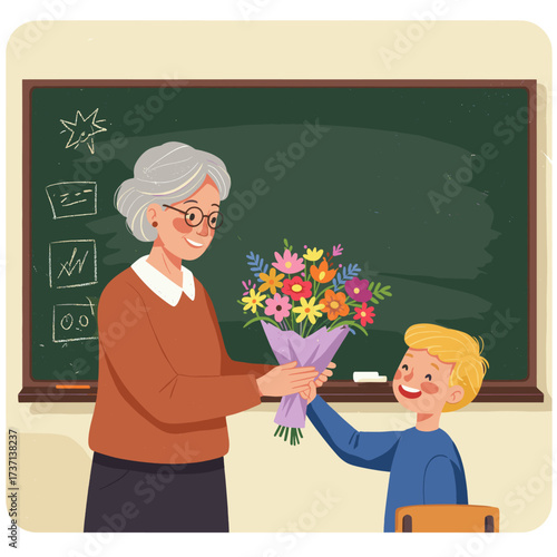 Boy giving flowers to teacher in classroom. Appreciation concept.