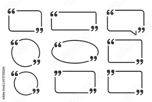 Big set of quote box frames. Collection of various quotation mark borders for text. Blank callout and speech bubble templates for comments, testimonials, or blog posts. Vector.
