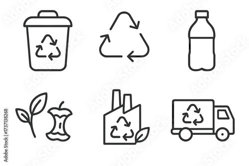 Recycling line icon set for waste management and environmental care. Vector icons of garbage bin, plastic bottle, organic waste, collection truck, and recycling plant symbol.