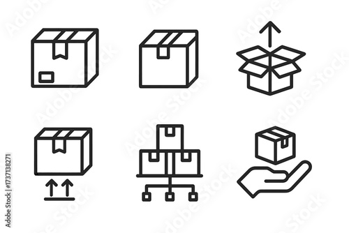 Box and package web icons in thin line style. Delivery, cargo, export, distribution, and collection symbols. Vector icon set for logistics, shipping, and e-commerce business.