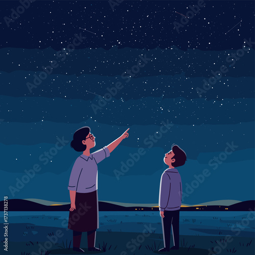 Woman and boy stargazing at night, pointing at the stars. Vector.