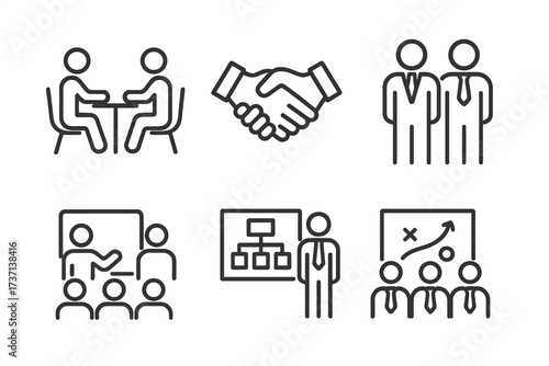 Business communication line icon set. Vector symbols for corporate meeting, partnership, teamwork, presentation to audience, business strategy and planning. Outline illustration.