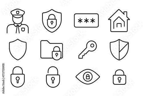 Security line icon set for web and digital safety. Vector graphics of guard, cyber security, password, smart home, data protection, key, shield, lock, unlock, and eye access.