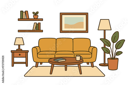 Cozy living room interior design vector illustration with mustard sofa, wooden furniture, decorative wall art, houseplants, and lighting elements in warm colors