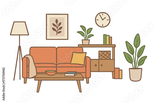 Cozy living room interior with orange sofa, wooden coffee table, floor lamp, decorative plants, wall clock, artwork, and bookshelf in minimalist home decor style