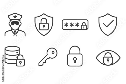 Security line icon set. Cyber security, data protection, internet safety concept. Vector symbols of guard, shield, password, key, lock, database, access control, privacy.
