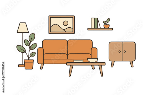 Modern living room interior vector illustration with orange sofa, wooden coffee table, floor lamp, houseplants, framed art, shelf with books, and cabinet in cozy home design