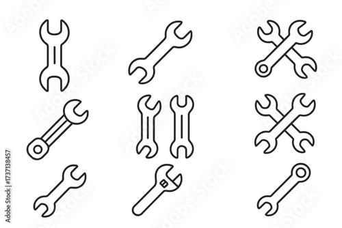 Set of minimalistic wrench line icons with editable stroke, linear tool pictograms for construction, repair, and maintenance designs, vector illustration for apps, banners, and posts