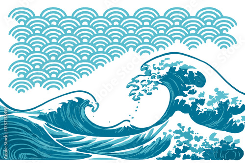 Traditional Japanese wave vector illustration with stylized ocean waves and classic seigaiha pattern background, seamless abstract water design, transparent background