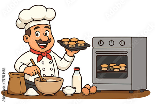 Cartoon chef character baking cupcakes in a kitchen. Male baker making fresh pastry dessert with ingredients, bowl, and oven. Food preparation vector illustration for a mascot.