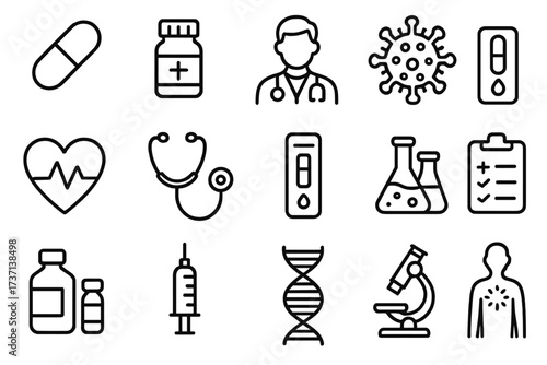 Medical and healthcare line icon set. Medicine, doctor, virus, lab research symbols. Vector infographic collection for scientific discovery, diagnosis, RX, and vaccine concepts.