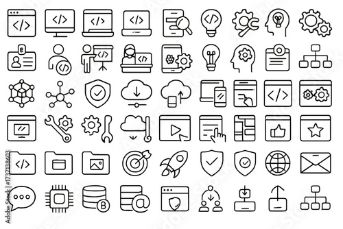 Programming and coding line icon set. Software development, information technology, app developer vector pictograms. Web UI, cloud computing, database, security symbols.