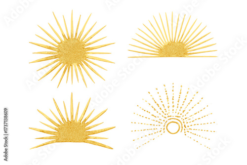 Golden Sunburst Vector Set with Radiant Rays, Glitter Texture, Half and Full Suns Illustration, Decorative Elements for Design, Bright Sun Shapes Collection