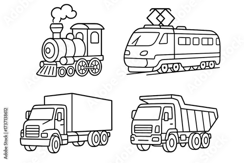 Transport vehicles outline icon set. Vector cartoon collection of steam locomotive, electric train, cargo truck, and dump truck. Simple line art for coloring book page.