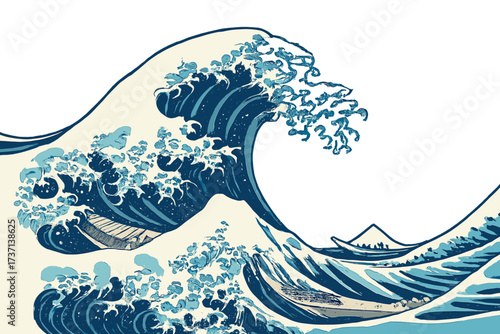 Traditional Japanese Great Wave off Kanagawa Vector Illustration, Ocean Wave with Boats and Mount Fuji, Japanese Art Style, Dynamic Water Splash, Seascape, Marine Nature