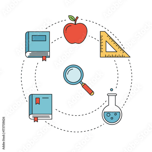 Education and science elements forming a circular composition.