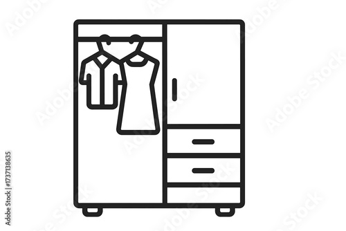 Minimalist wardrobe closet icon with hanging clothes, shirt and dress, storage drawers and cabinet, clothing organization, home interior furniture vector illustration