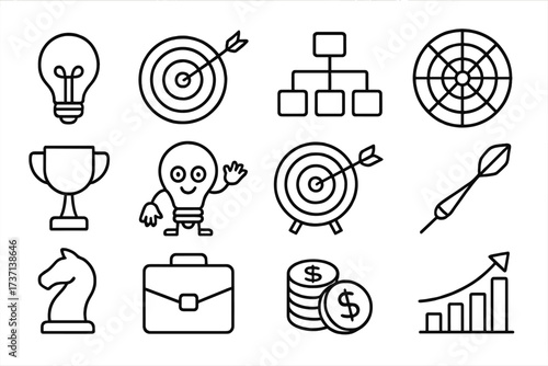 Business idea icons line art set. Creative light bulbs, target goals with arrow hits, trophy success cup, dartboard, strategy chess knight, briefcase, coins, growth chart symbols. Vector illustration.