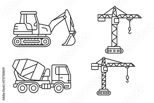 Construction vehicles icon set in thin line style. Heavy equipment for building site. Vector illustration includes excavator, concrete mixer truck, and tower crane. Outline graphic.