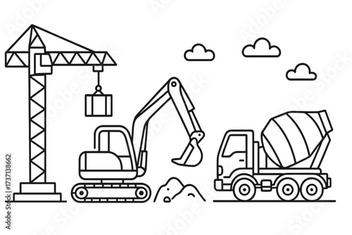 Construction vehicles at work linear outline set. Crane, excavator, and concrete mixer truck scene. Heavy machinery for building industry. Vector cartoon illustration icons.