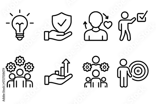 Core values line icon set. Business ethics, corporate culture symbols. Innovation, integrity, customer focus, accountability, teamwork, goals, motivation, growth collection.