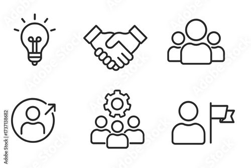 Core values line icon set. Business ethics symbols. Innovation, integrity, customer focus, accountability, teamwork, leadership, motivation and goals. Vector illustration.
