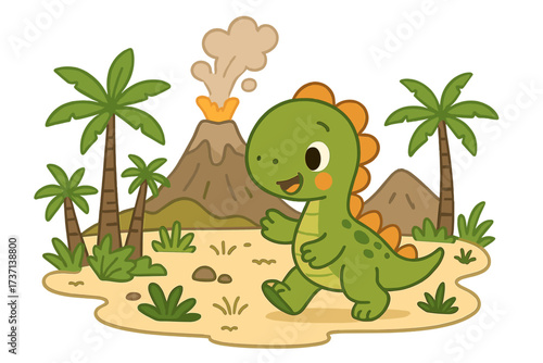 Cute dinosaur walking in prehistoric landscape with volcano. Vector cartoon illustration of a friendly baby dino on an adventure. Jurassic character isolated for kids design.