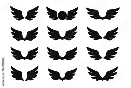 Wings icon set vector collection. Black silhouette of angel, bird, eagle or hawk wing shapes. Heraldic logo, emblem, label, badge or tattoo design element. Freedom flight symbol.