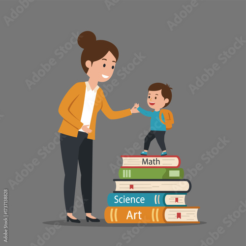Woman helping a boy climb a stack of books. Education concept.