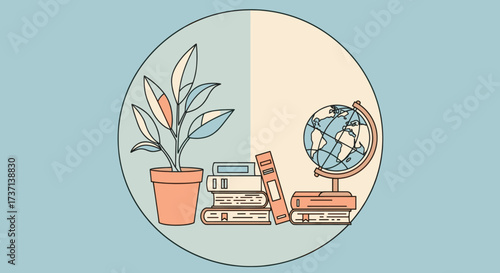 Vector illustration of globe, books, and plant inside a circle.