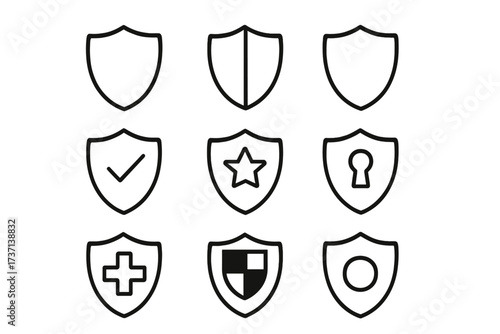 Simple linear shield icon set with editable stroke and minimalistic design. Vector cartoon illustration perfect for apps, banners, posts, cards, security, protection, and safety concepts