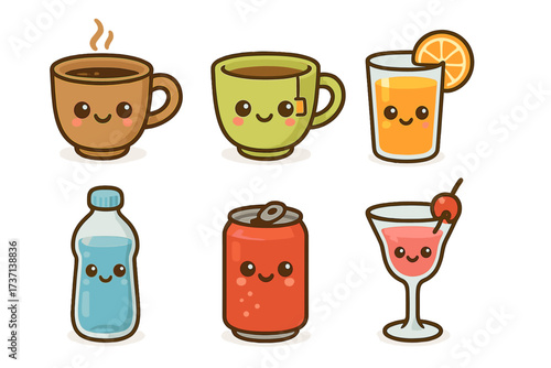 Cute beverage icons collection. Kawaii cartoon characters of coffee, tea, juice, water, soda, and cocktail. Happy smiling drinks vector illustration set for menu design.