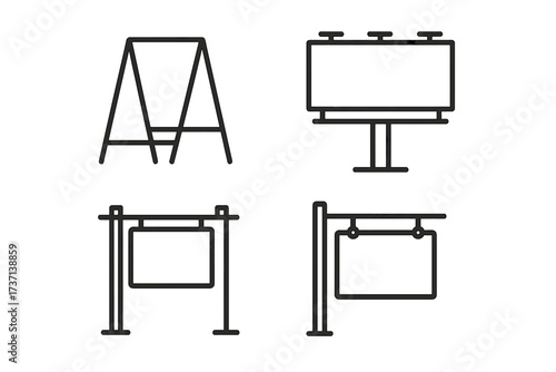 Sandwich panel billboard and signboard icon bundle, editable stroke minimalistic linear pictograms for card design, apps, banners, and posts, vector cartoon set